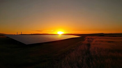 Sunset over Solar Panels in Rural Landscape