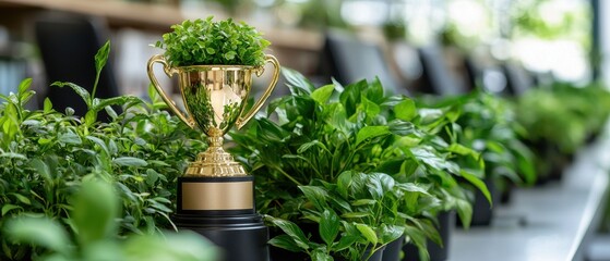 Golden trophy with lush greenery in a modern office setting highlighting achievements and environmental harmony