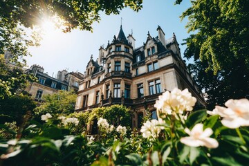 Mansion, sunlight, flora. Historic building with vegetation background