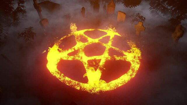 Halloween. Burning pentagram in an abandoned, old cemetery, in a forest.