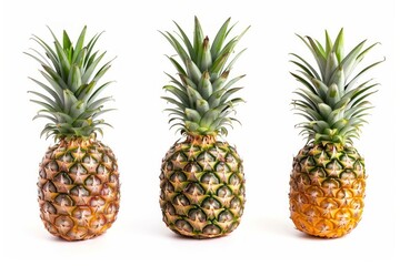 Three pineapples aligned on white background. AI generated