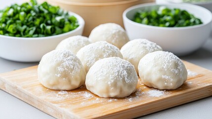 Fototapeta premium Raw flour-dusted dough balls arranged on a wooden cutting board in a bright kitchen during cooking preparation.