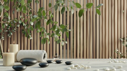 A spa setting with candles, green leaves, and black stones on the table