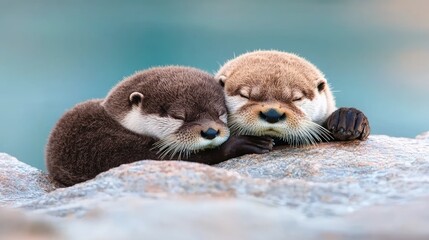 Two otters sleeping on a rock near water.  Possible stock photo use