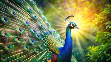 Obraz premium Majestic Peacock Displaying Vibrant Plumage in Sunlit Garden