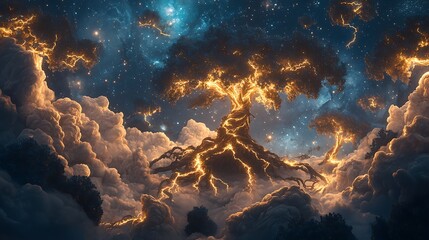 Obraz premium A tree with branches that are glowing in the sky