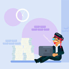 Overworked and Exhausted Businessman Flat Vector Illustration
