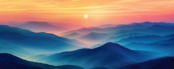 A mountain range with a blue sky and a sun in the background
