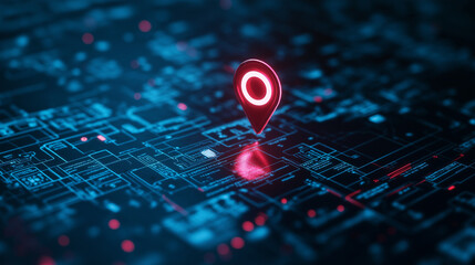 A glowing augmented reality map projected into the air, a radiant red location marker hovering over a key location, surrounded by futuristic UI elements.