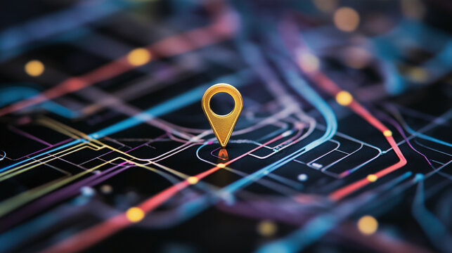 A colorful subway map with a central golden location icon marking an important transfer station, surrounded by interwoven train lines.