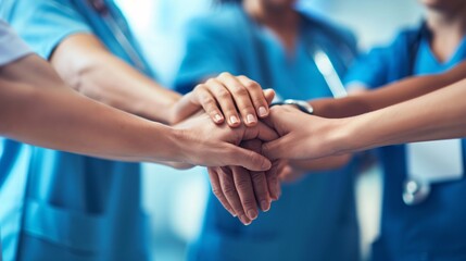 A group of people in blue scrubs are holding hands