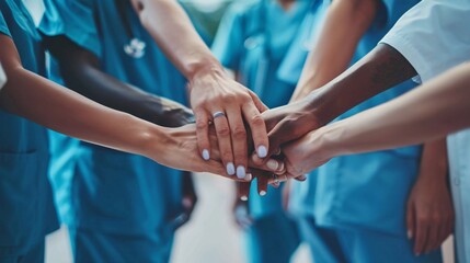 A group of people in blue scrubs are holding hands