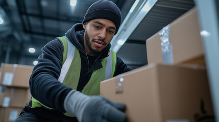 A close-up shot of a worker wearing a reflective vest and gloves, carefully placing boxes inside the open cargo area of a white truck.