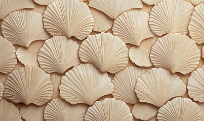 A close-up view of intricately arranged beige scallop shells on a textured background, evoking coastal serenity