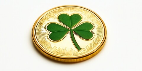 Money and Economic Growth, Investment for Financial Success. Golden coin with a green shamrock design on top.