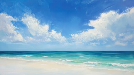 Obraz premium A calm, clear blue sky with a few white clouds above an expanse of turquoise ocean with a white sand beach.