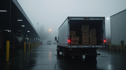 A hazy morning at a loading bay, a white truck with fog around it, its open rear showing stacked boxes ready to roll.