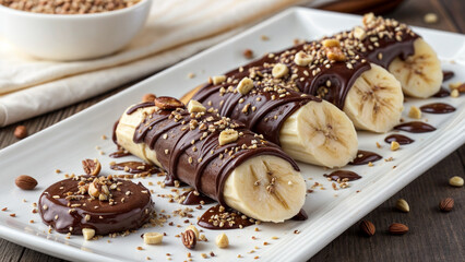 Fototapeta premium bananas, chocolate, with nuts, dessert, fruit,