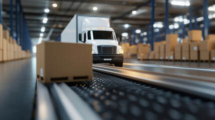 A minimalistic warehouse design, a white truck perfectly aligned with a conveyor belt system, boxes being efficiently loaded.