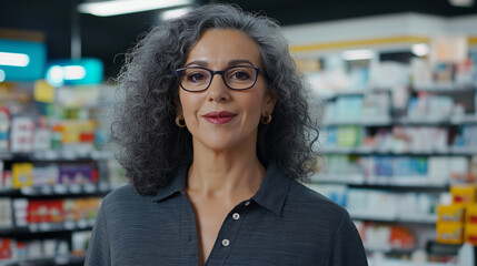 A kind and experienced middle-aged woman with curly hair, glasses, and a warm expression, standing near the checkout counter in a pharmacy.