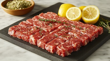 Fototapeta premium Freshly cut beef slices arranged neatly on a black stone plate, garnished with herbs and lemon, in a kitchen