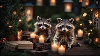 Two raccoons sit among candles and lanterns, creating a cozy, enchanting atmosphere.