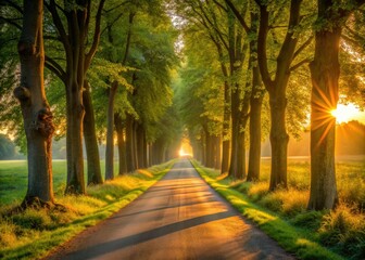 Fototapeta premium Serene Bussumerheide lane, Netherlands; minimalist golden hour photography.