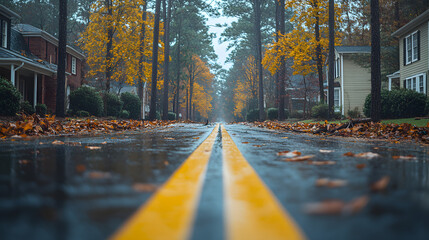 Autumn Road: Capture the essence of fall with this atmospheric image of a tree-lined road. The view of the yellow double lines lead the way as wet leaves scatter along the ground.