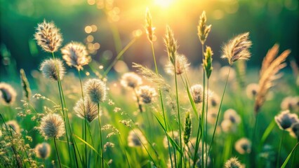 Golden hour meadow with fluffy seed heads and tall grasses bathed in sunlight