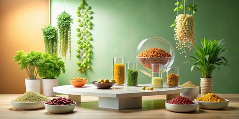 A vibrant still life showcasing an assortment of legumes, grains, and potted plants arranged on a modern table
