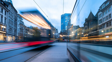 A blurry image of a city street with a red and black train passing by