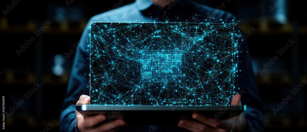 Poster man holding tablet with network display and data center technology officer with laptop in modern off