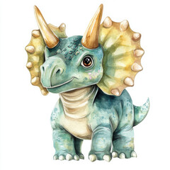 Fototapeta premium Watercolor nursery wall art, a baby stegosaurus walking on soft beige grass, with pastel blue plates on its back and a warm green body, surrounded by fluffy beige clouds and tiny pastel green leaves, 