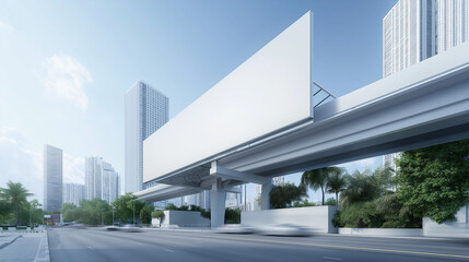 A large white billboard is on a bridge over a busy street