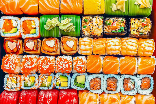 Top view of assorted sushi, all you can eat menu. Overhead japanese sushi food. Maki ands rolls with tuna, salmon, shrimp, crab and avocado. Rainbow sushi roll, uramaki, hosomaki and nigiri.