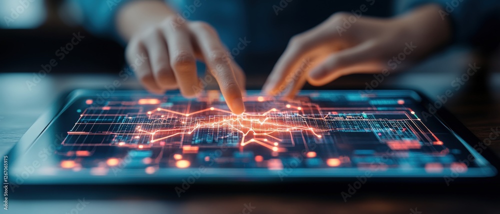 Poster person using a tablet displaying circuit graphics for data science business analysis and strategy
