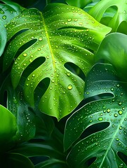 Fototapeta premium Lush Dewy Monstera Leaves, Tropical Green - Nature photography