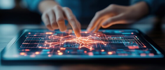 Naklejka premium Person using a tablet displaying circuit graphics for data science business analysis and strategy