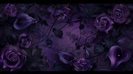Dark, romantic illustration of purple roses and leaves against a purple background.