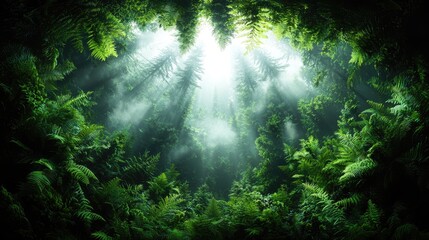 Fototapeta premium Bright sunbeams stream through a dense green forest canopy framed by lush ferns.