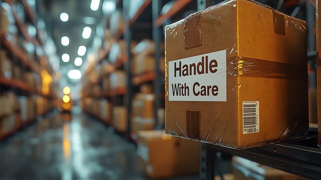 Industrial warehouse storage facility with cardboard boxes marked handle with care, logistic center interior with organized shelving and safety warning message