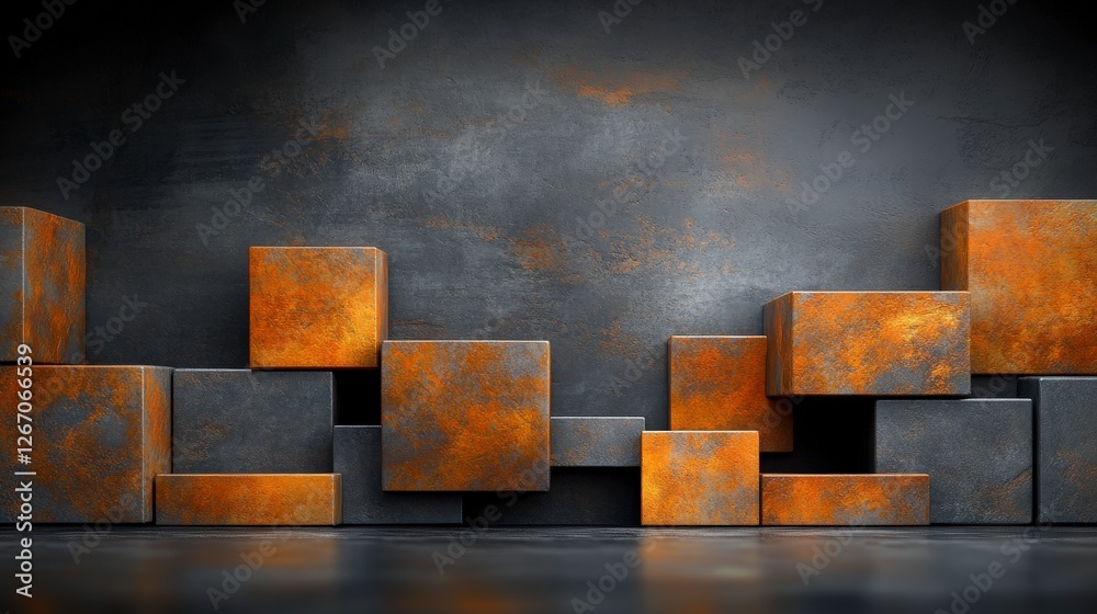 Poster abstract composition of textured blocks with rust finish against dark background in modern artistic 