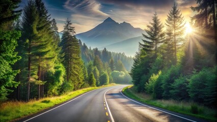 Serene Sunrise Drive Through a Lush Green Forest with Majestic Mountain Peaks
