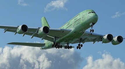 Large jet plane in flight approaching landing, cumulus clouds