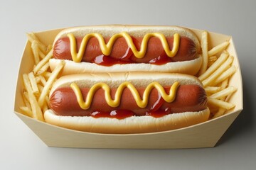 Two hot dogs with mustard on plate with fries. Artificial Intelligence