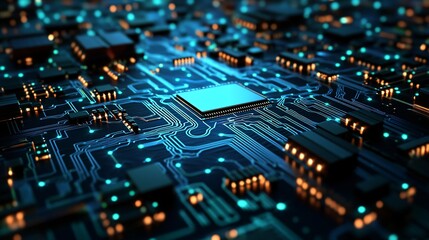 Close-up of a computer motherboard with glowing blue circuits and a central processor. Tech abstract, high detail, macro.