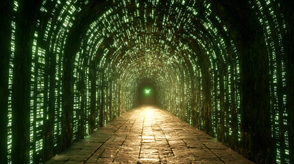 Digital Data Tunnel: Futuristic tunnel of data streams in green, leading to a glowing center point, conveying a sense of immersion and digital transformation.