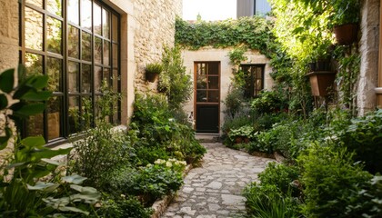 Fototapeta premium Picturesque courtyard garden, stone wall, door background, for travel article