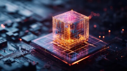 Computer processor with glowing cube and futuristic hologram design structures in high fidelity image