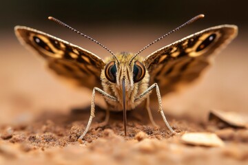 Brown butterfly sits on sand looking at camera in nature close-up, wildlife